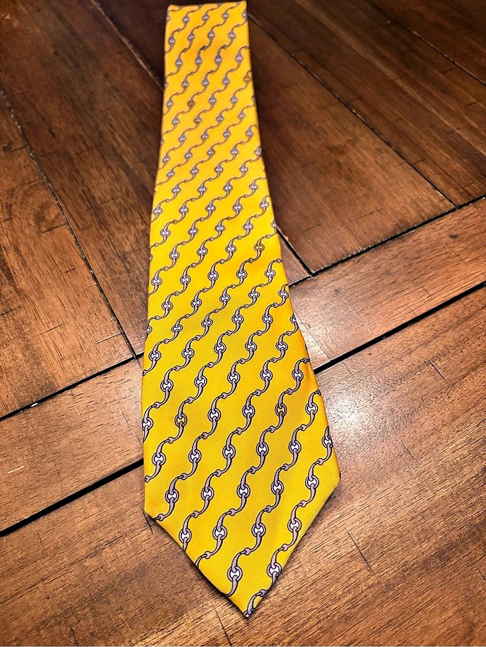 Hermès Yellow Chain Link Silk Necktie, Yellow & Gray